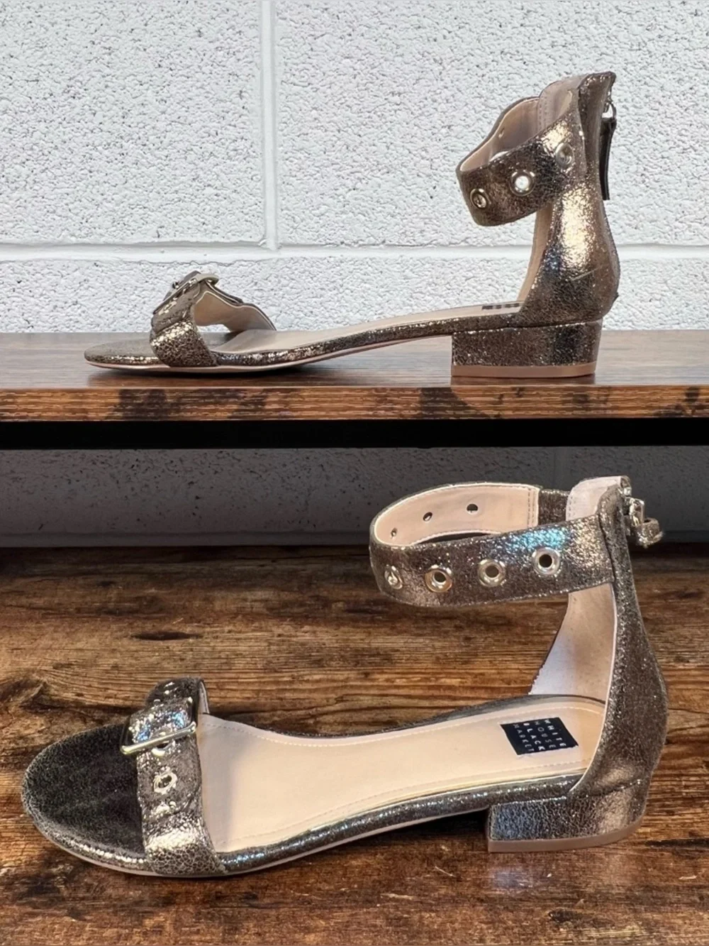 WHBM Cora Sandal Metallic Gold Ankle Strap Open Toe Buckle Dressy women's 7.5